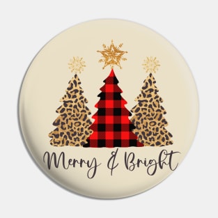 Merry and Bright Christmas Trees - Leopard Print and Buffalo Check Pin