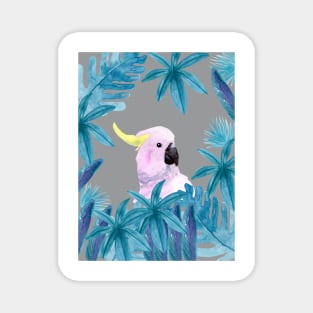 Cockatoo with tropical leaves in watercolor and an ultimate gray background Magnet