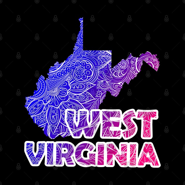 Colorful mandala art map of West Virginia with text in blue and violet by Happy Citizen