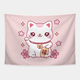 Cute Maneki Neko Japan Good Luck Cat And Flowers Tapestry