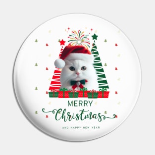 White cat in Santa hat with Christmas tree Merry Christmas and happy New Year,Brafdesign Pin