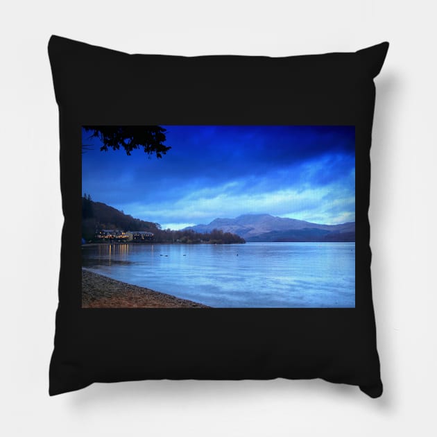 Luss Beach in Loch Lomond at Night Pillow by Jane Braat