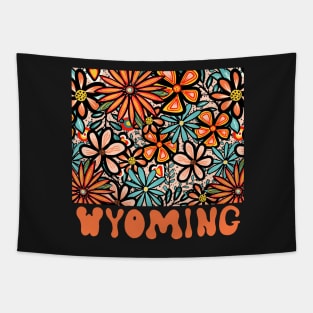 Wyoming State Design | Artist Designed Illustration Featuring Wyoming State Filled With Retro Flowers with Retro Hand-Lettering Tapestry