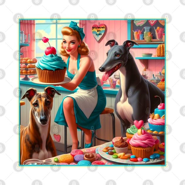 Greyhounds and Retro Bakery Pin Up Girl and Cupcakes by Greyhounds Are Greyt