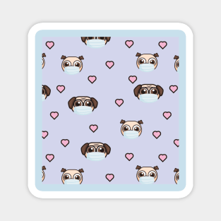 Cute Pugs Wearing Masks Pattern With Pink Hearts Shapes  Graphic illustrations Magnet