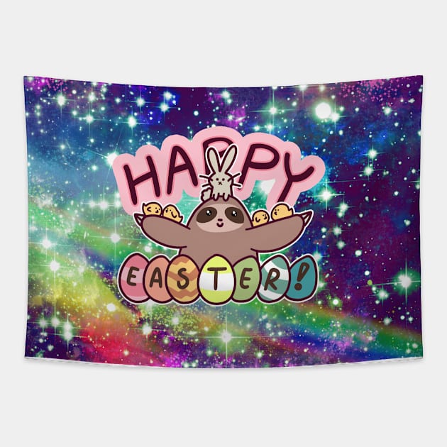 Happy Easter Sloth Rainbow Space Tapestry by saradaboru