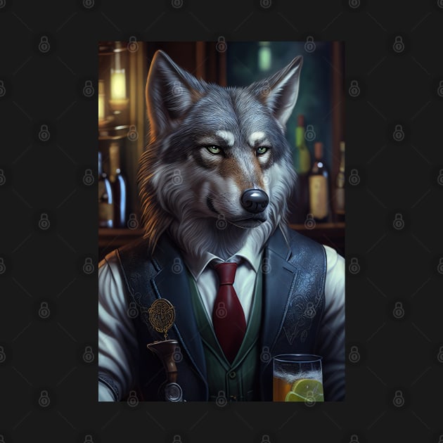 Wild And Classy Barkeeper Wolf In A Suit - Unique Wildlife Art Print For Fashion Lovers by Whimsical Animals