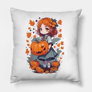 Cute Fall girl holding Pumpkin in Autumn leaves Pillow