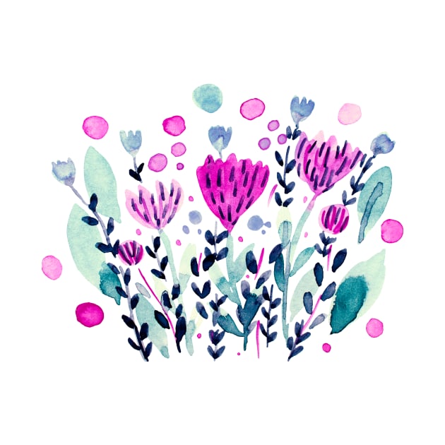 Watercolor whimsical flowers - pink and green by wackapacka