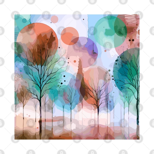 Colorful Sky Blue Pastel Brown Abstract Trees by Siha Arts