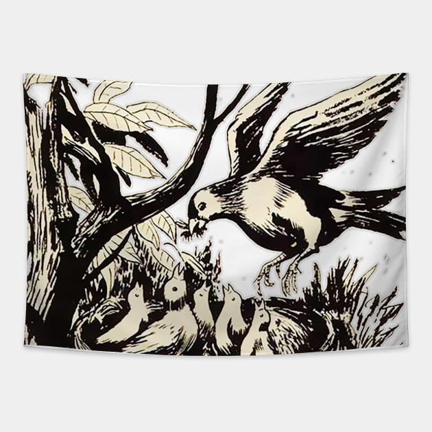 mother bird in the nest Tapestry by Marccelus