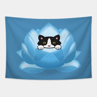 Cat and a blue lotus flower Tapestry