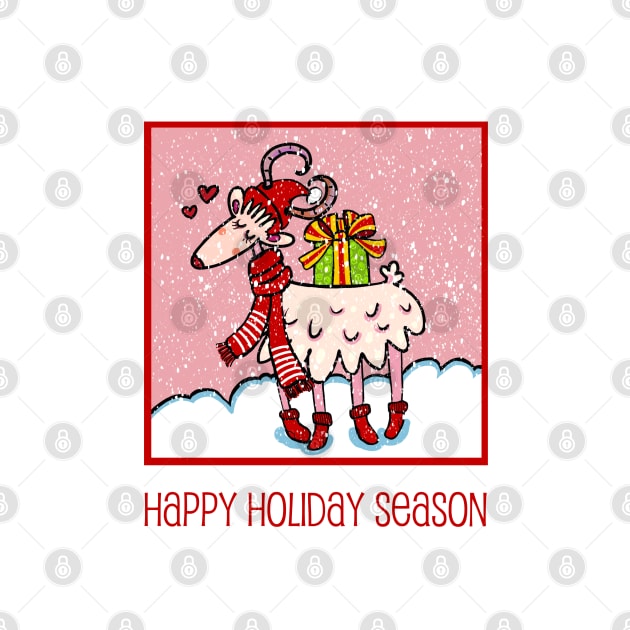 Christmas Season’s Greetings. Cute goat sending you a wish for a joyful holiday season in the snow by marina63