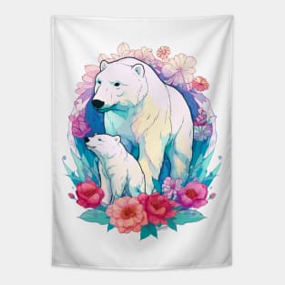 Polar Bear and Cub Floral Aesthetic Print Tapestry
