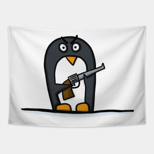 Penguin with a gun Tapestry