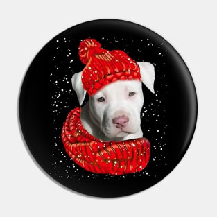 Staffordshire Bull Terrier Wearing Red Hat And Scarf In Snow Pin