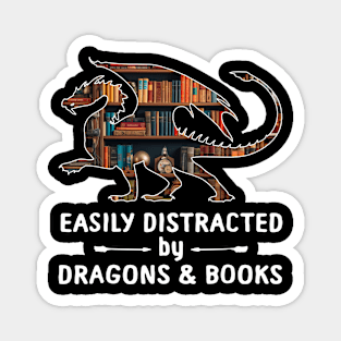 Imaginative Escapes Dragon Cartoon  Easily Distracted By Dragons & Books Magnet