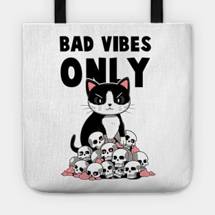 BAD VIBES ONLY CAT SKULL Funny Quote Hilarious Sayings Humor Tote