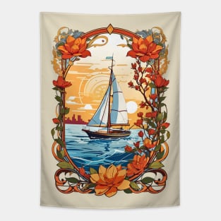 Sailing boat at sunset retro vintage floral design Tapestry