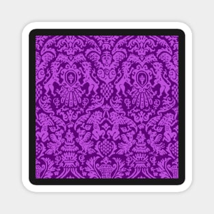 Pink on Purple Weird Medieval Lions, Cherubs, and Skulls Scrollwork Damask Magnet