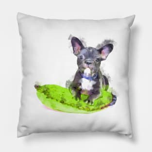 Cute Black And White Bulldog Puppy On A Green Cusion Digital Portrait Pillow