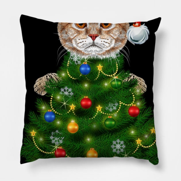 Santa Maine Coon Cat Christmas Tree Light Funny Xmas Cat Pillow by johnbbmerch