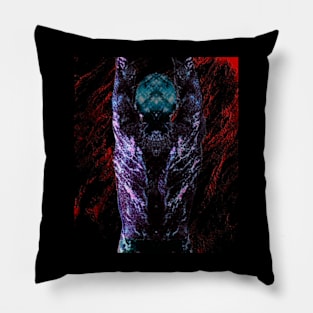 Portrait, digital collage and special processing. Men's back. Mystic. Energy waves. Red and violet. Emboss. Pillow