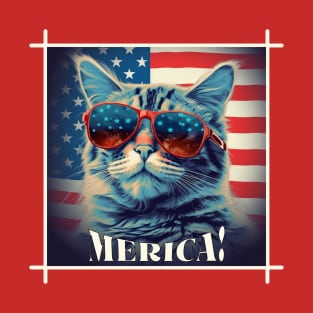 Funny Patriotic Cat MERICA! Happy Birthday America! T-Shirt