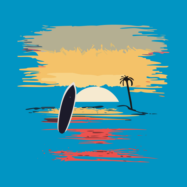 t-shirt design featuring a sunset over the ocean with a surfboard silhouette in the foreground, detailed illustration, and watercolor style. by goingplaces