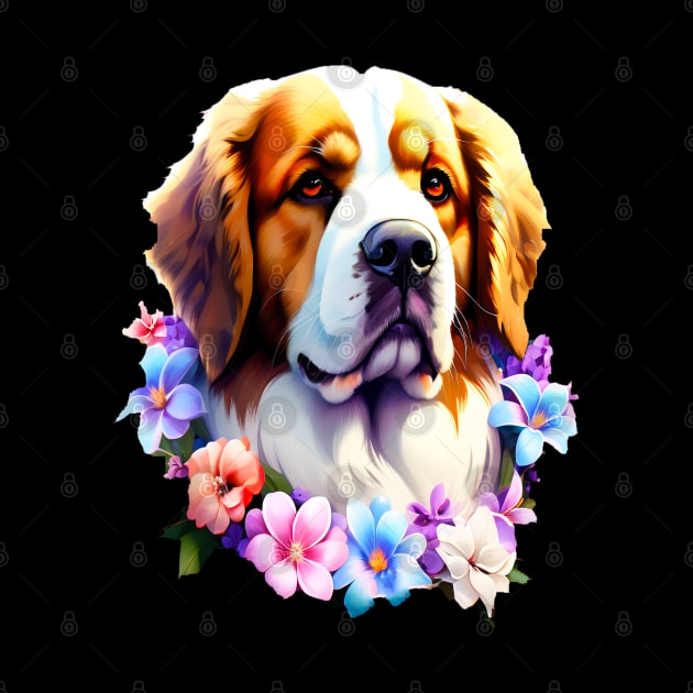 Saint Bernard Dog Surrounded by Beautiful Spring Flowers by BirdsnStuff