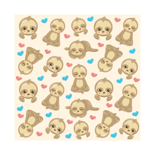 Pattern Of Sloths, Cute Sloths, Hearts by Jelena Dunčević