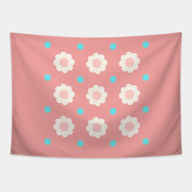 White and pink flowers with blue dots on turquoise background Tapestry by marufemia