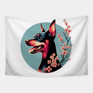 Miniature Pinscher Delights in Spring Cherry Blossoms Tapestry