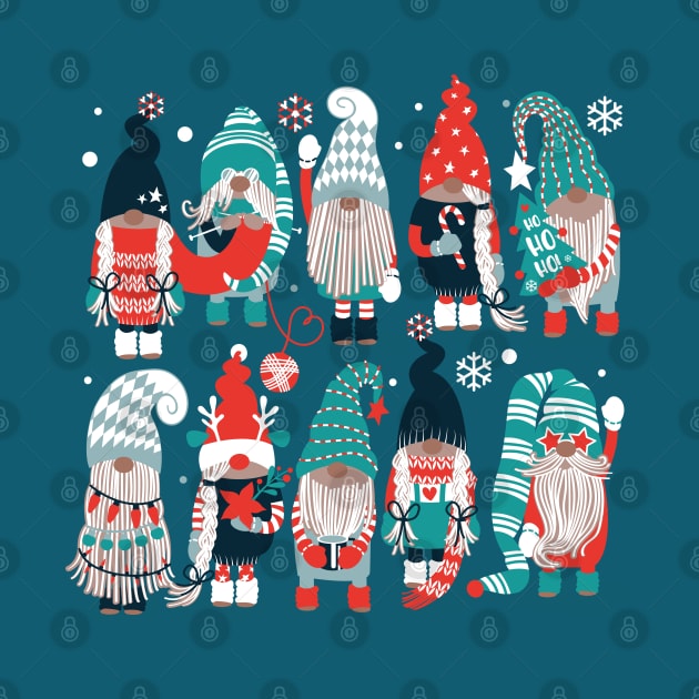 Let it gnome // spot // dark teal background little Santa's helpers preparing for Christmas neon red mint dark green and duck egg blue dressed gnomes by SelmaCardoso