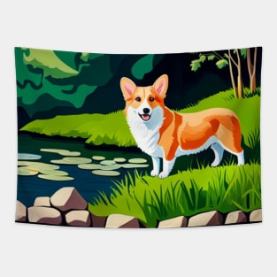 Corgi by the Pond Tapestry