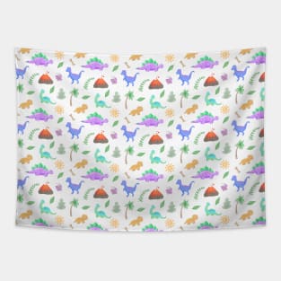 Dino Pattern with Volcano, Bone, Palmtree, Butterfly, Sun, Leaf, Trex, Stegosaurus, Raptor, Triceratops Tapestry