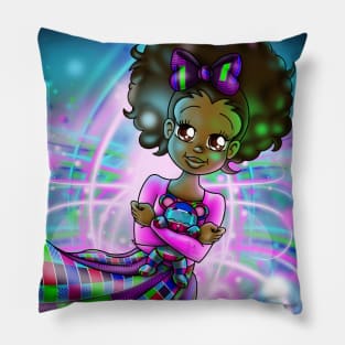 African American Girl and Teddy Bear Pillow