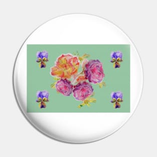 Shabby Chic Pink Roses on Green floral Pattern Pin