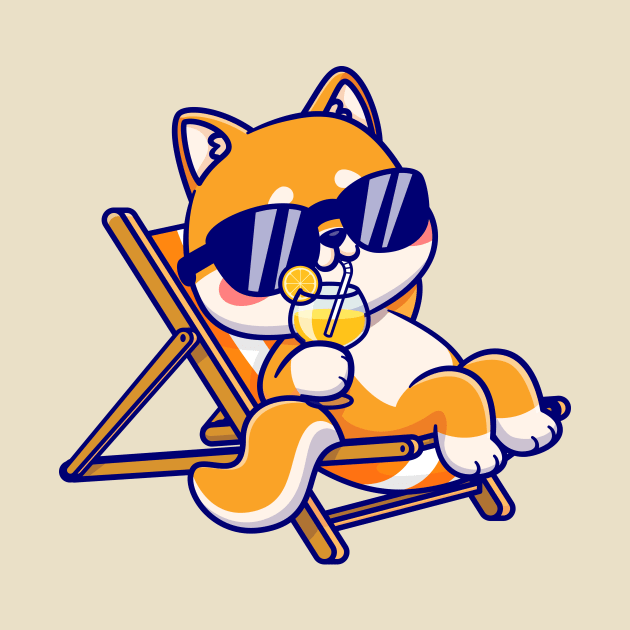 Cute Shiba Inu Dog Relaxing On Bench And Drink Orange Juice Cartoon by Catalyst Labs