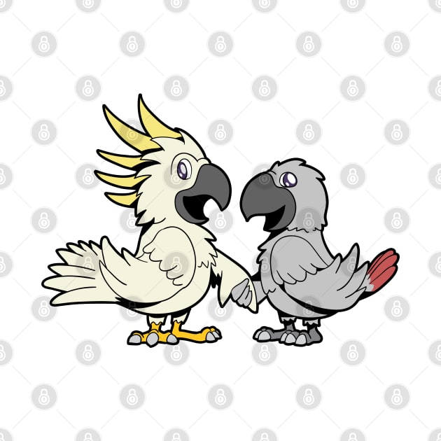 Friends for life - cockatoo and grey parrot by Modern Medieval Design