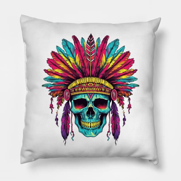 Native American Chief Skull #4 Pillow by Chromatic Fusion Studio