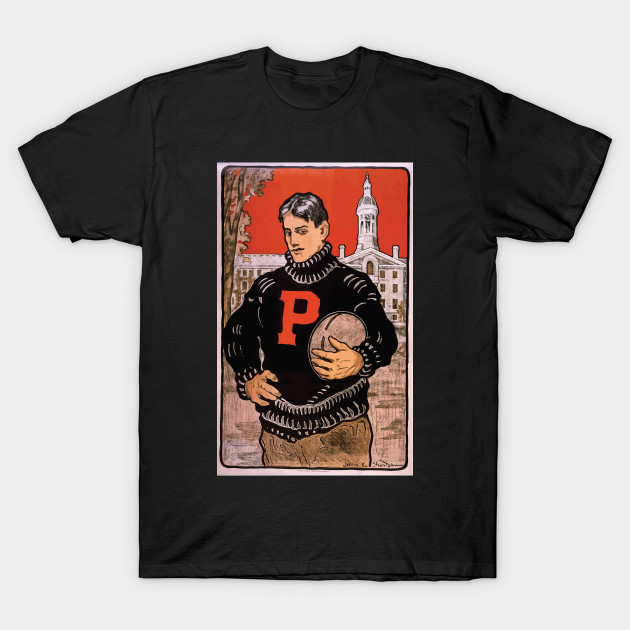 Artist Posters 0483 Princeton Student With Letter P On Sweater Half Length Standing Fcing Left Holding Football With Princeton University Behind Him John E Sheridan Vintage T Shirt Teepublic