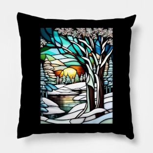 Stained Glass Snowy Winter Scenery Pillow