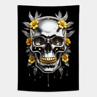 Chrome Metallic Skull Cyberpunk Golden floral design Tapestry