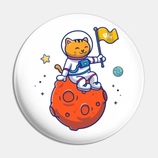 Cute Cat Astronaut Sitting On Moon With Flag Pin