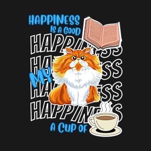 Happiness Is Domestic Long Hair Cats Good Books Coffee Cute Cat Lover T-Shirt