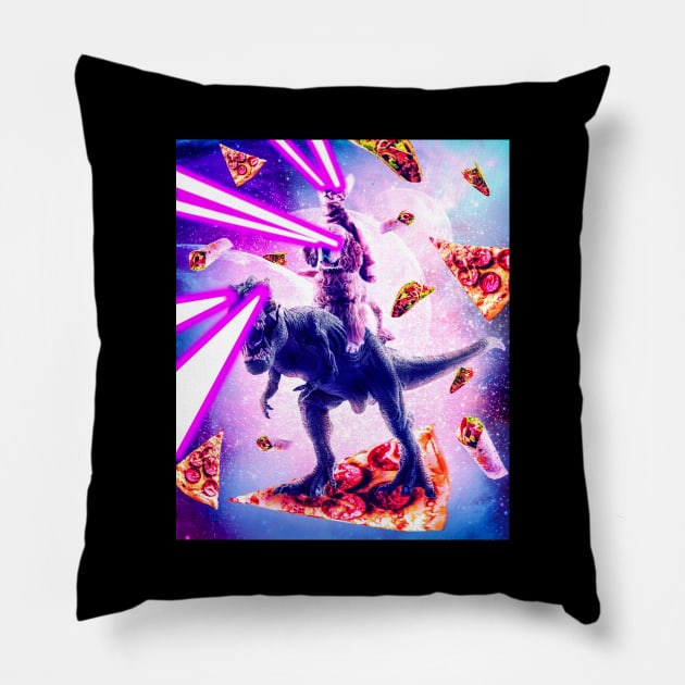 Laser Eyes Space Cat Riding Dog And Dinosaur Pillow by Random Galaxy