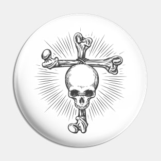 Human Skull fastened to Cross Made of Bones. Tattoo in engraving style. Pin