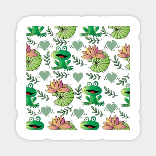 Green frog with lotus leaf and flower seamless pattern. Magnet