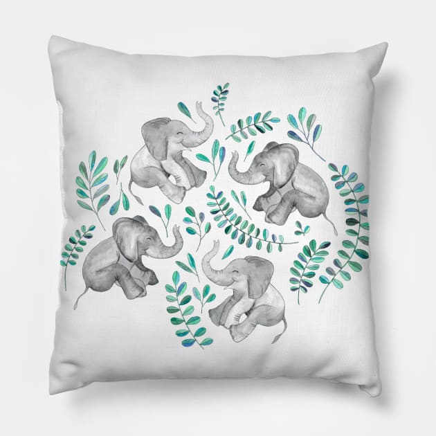 Laughing Baby Elephants – emerald and turquoise Pillow by micklyn